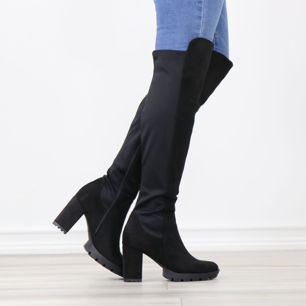 Black Faux Suede Round Toe Thigh High Over The Knee Lug Block Heel Boots - Picture 8 of 14